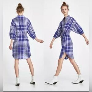 Zara Plaid Long Sleeve Dress in Blue and White